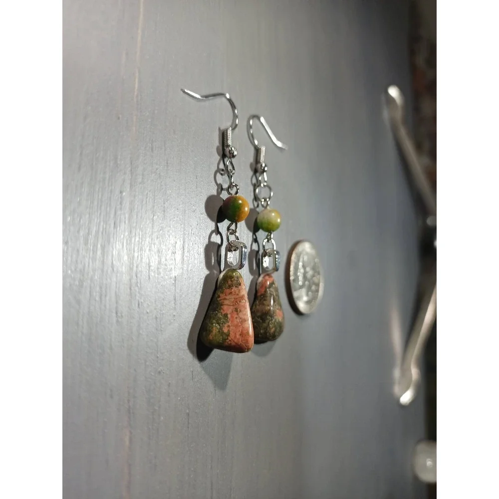 Unakite Tumbled Stone Dangle Earrings Nickel Free Pink Green Boho Handmade